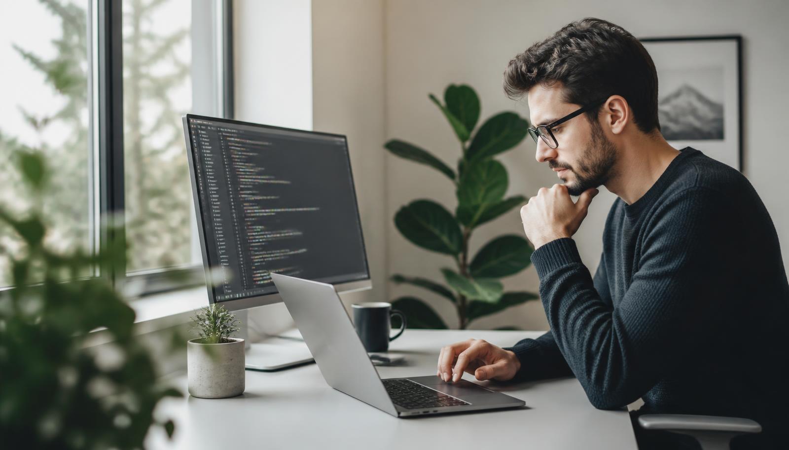 Softwareentwickler arbeitet remote an einem hellen, minimalistischen Schreibtisch