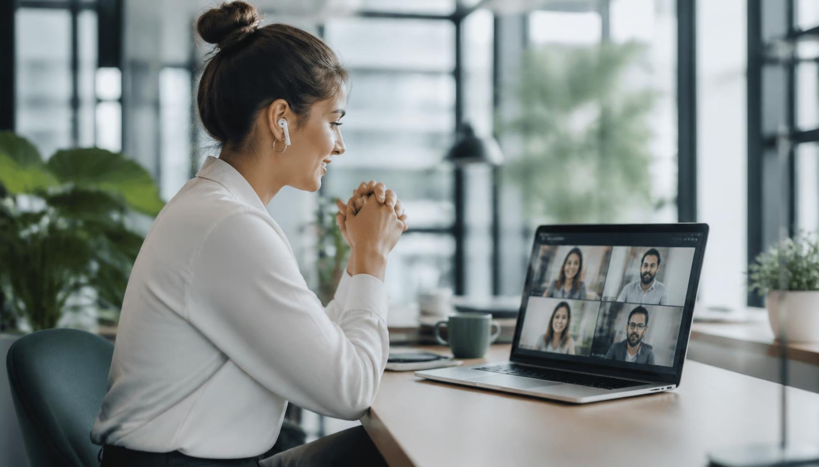 Teamleiterin in einem Videocall mit einem verteilten Engineering-Team