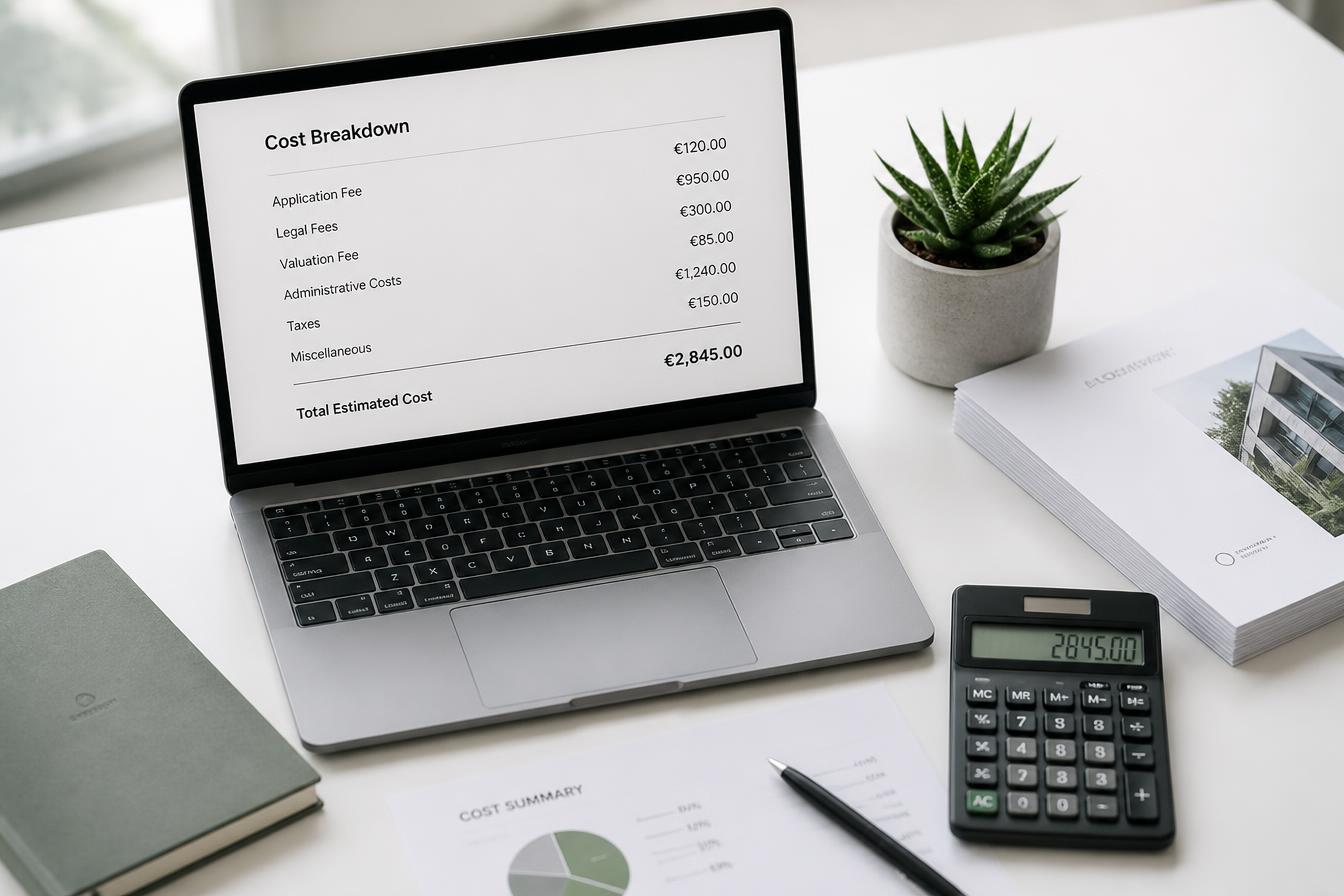 Minimalistischer Schreibtisch mit Laptop, der eine Kostenaufstellung zeigt, Taschenrechner, Unterlagen und einer grünen Pflanze