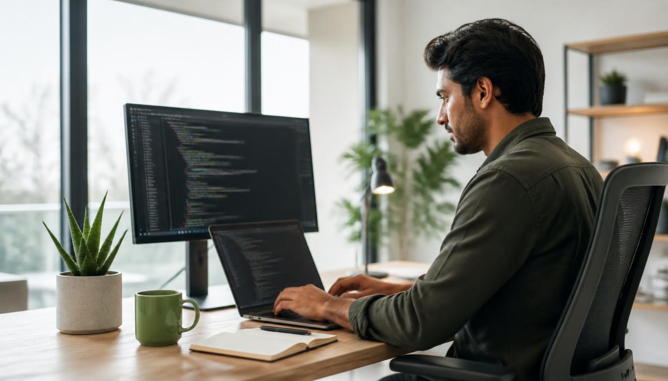 Ein Softwareentwickler an einem modernen, minimalistischen Schreibtisch mit Code auf dem Bildschirm und Tageslicht