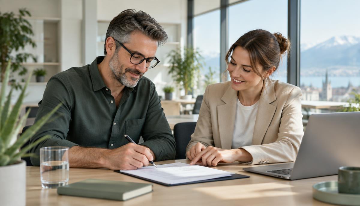 A software professional and an HR manager reviewing a new employment agreement
