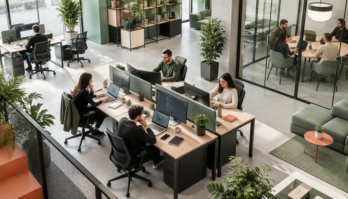 A nearshore software engineering team collaborating in a bright modern workspace