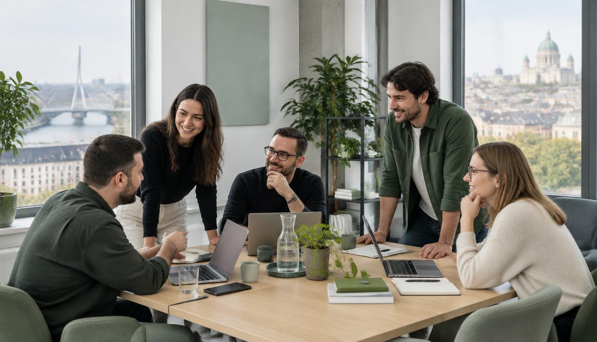 A European engineering and operations team planning together in a bright modern office